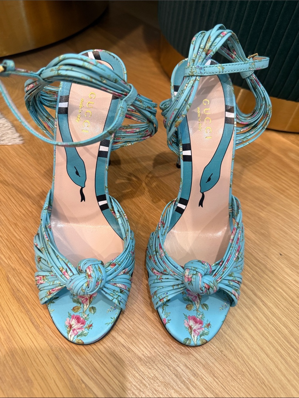Gucci Turquoise Floral Knot Wrap-Heel Sandals